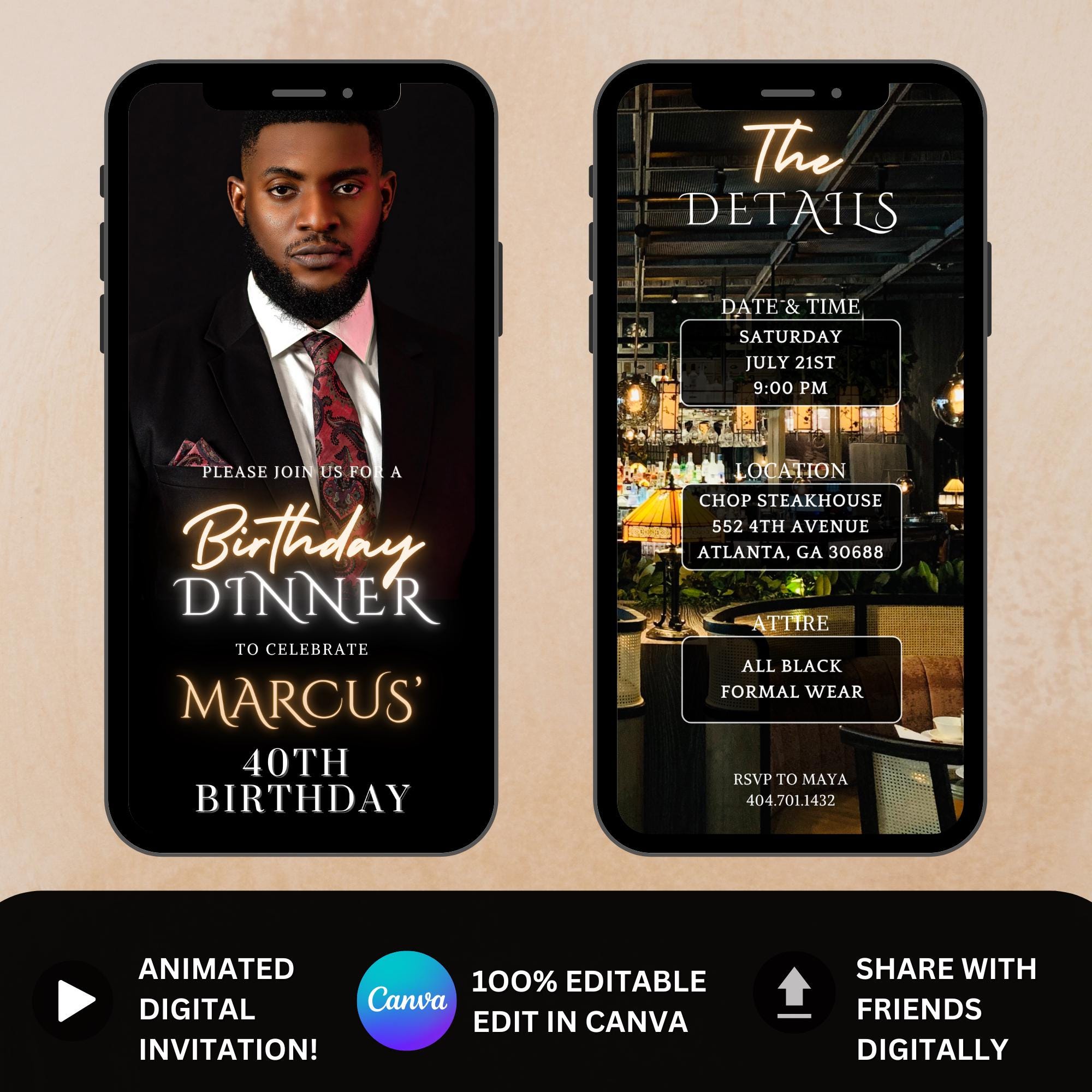 Animated Birthday Dinner Invitation, DIY Template Design, Men's Party Video Invite, Premade Gold Party Celebration Event Digital Einvite