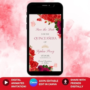 Red Quinceañera Save the Date Invitation | 15th Birthday Animated XV Invite | Floral Quince Save Date Canva | Red Quince Custom Invite