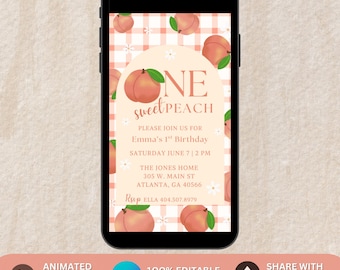 Peach First Birthday Invitation,One Sweet Peach Birthday Invitation,Editable Girl 1st Birthday Invite,One Sweet peach, Peach Boho,Minimalist