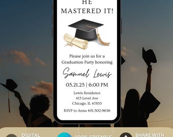 Graduation Party Invitation, Graduation Invitation Template, high School Graduation, Graduation Party Invite, Masters Grad He Mastered It