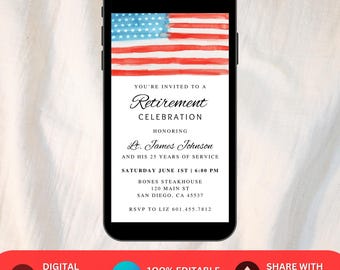 AMERICAN FLAG Retirement Party Invitation Template, Military Retirement Invitation, US Navy Marines Army Air Force Police Retirement Invite