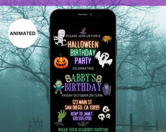 Invitación digital para fiesta de cumpleaños de Halloween, invitación espeluznante para fiesta de disfraces para niños y adolescentes, editada en Canva.