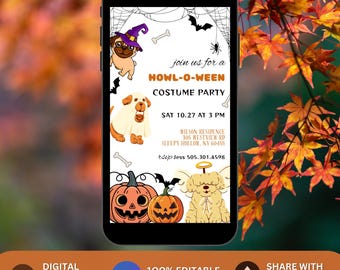 Animated Dog Halloween Invite, Puppy Costume Party Canva Template, Editable Pet Halloween Party Digital Download, Halloweenie Dogs