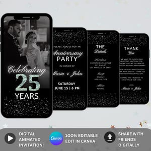 25th Wedding Anniversary Invite. Elegant Digital Silver Anniversary Party Invite with Photo. DIY Editable Canva Template Digital Vow Renewal