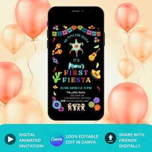 First Fiesta Birthday Invitation 1st Birthday Invite Digital Animated Unisex Mexican Theme 1st Birthday Invite DIY Editable Canva Template