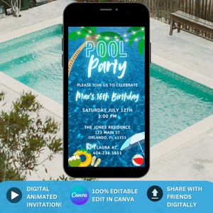 Blue Pool Party Birthday Invitation Video. Neon Beach Theme Tropical Summer Invite For Teens, Kids, Adults. DIY Canva Editable Template.