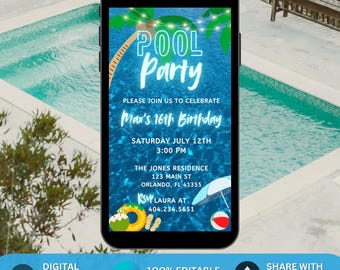 Blue Pool Party Birthday Invitation Video. Neon Beach Theme Tropical Summer Invite For Teens, Kids, Adults. DIY Canva Editable Template.
