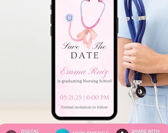 Nurse Graduation Save the Date Invitation. Digital Pink Bow Nursing Graduation Party or Ceremony Invite. Coquette Nursing Graduation Party