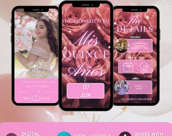 Quinceanera Text Invitation, 15th birthday invitation, mis quince anos,15 years old birthday invite,quinceanera digital invitation,pink glam