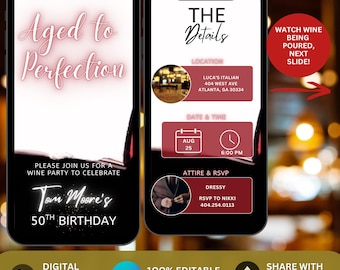 Animated Aged To Perfection Invitation, Wine Birthday Dinner Party Invite, Wine Themed Party, Editable Winery Evite, Digital Fine like Wine