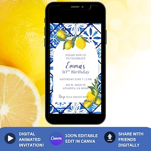 Digital Lemon Summer birthday La Dolce Vita Invite Positano Blue Tile Lemons Birthday Invitation Template Evite Italian Lemons, Girls Brunch