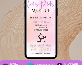 Invitación a una reunión de pilates para mujeres / Plantilla animada de Canva Invitación digital para fiesta de pilates / Fitness grupal para mamás / Volante de club de yoga y pilates