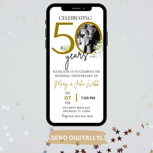 May include: A gold and black digital invitation for a 50th wedding anniversary. The invitation features a photo of a couple, the text "Celebrating 50 years", and the names "Mary & John Webb".