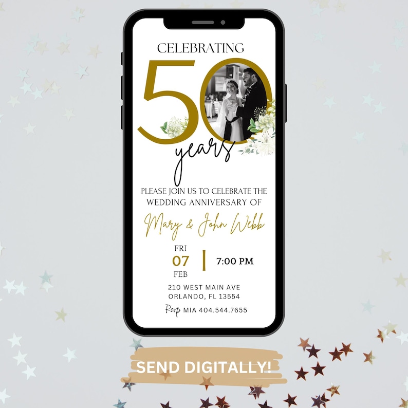 May include: A gold and black digital invitation for a 50th wedding anniversary. The invitation features a photo of a couple, the text "Celebrating 50 years", and the names "Mary & John Webb".