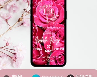Quinceañera Save The Date Invite In Pink Floral and Neon. Digital Animated Mis Quince Años Invitation. DIY Editable Template. Sweet 15 Party