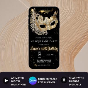 Black Gold Masquerade Party Invite Editable Themes for Masquerade Party Birthday Masquerade Party Masquerade Ball Invite Template Mask Party