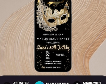 Black Gold Masquerade Party Invite Editable Themes for Masquerade Party Birthday Masquerade Party Masquerade Ball Invite Template Mask Party