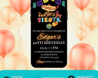 Lets Fiesta Invitation. Digital Mexican Theme Birthday Party Invite. Latin Celebration Let's Fiesta Cumpleaños eVite. DIY Editable Template.