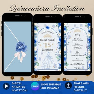 Animierte Quinceamaßa Einladungsvorlage, Canva 15. Geburtstag Sweet 15 Quince Invite Blaue Blumen Benutzerdefinierte Blaue Quinceanera Video Blaue Quitte