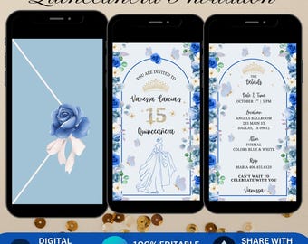Animierte Quinceamaßa Einladungsvorlage, Canva 15. Geburtstag Sweet 15 Quince Invite Blaue Blumen Benutzerdefinierte Blaue Quinceanera Video Blaue Quitte