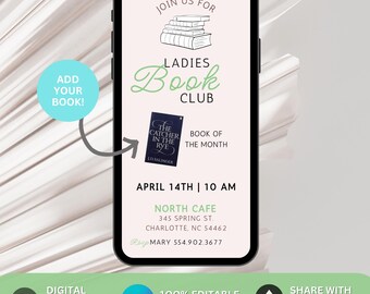 Monthly Book Club Invitation Book Lovers Evite Canva Book Club Party Invitation, Editable book club invite Library invite Book Club Meetup