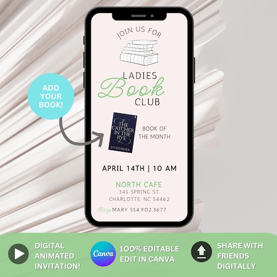 Monthly Book Club Invitation Book Lovers Evite Canva Book Club Party Invitation, Editable book club invite Library invite Book Club Meetup