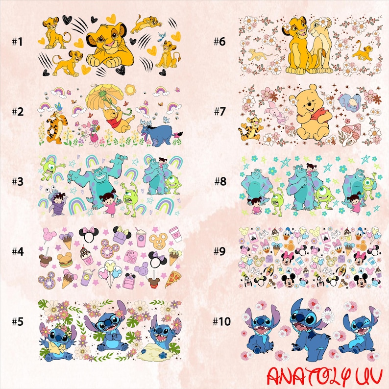 a collage of various cartoon and Disney character illustrations, including characters from popular animated films and Disney's own characters. The illustrations are arranged in a grid format, with each row representing a different character or theme. The images depict a range of colors, styles, and designs, showcasing the creativity and diversity of the cartoon and Disney character illustrations.