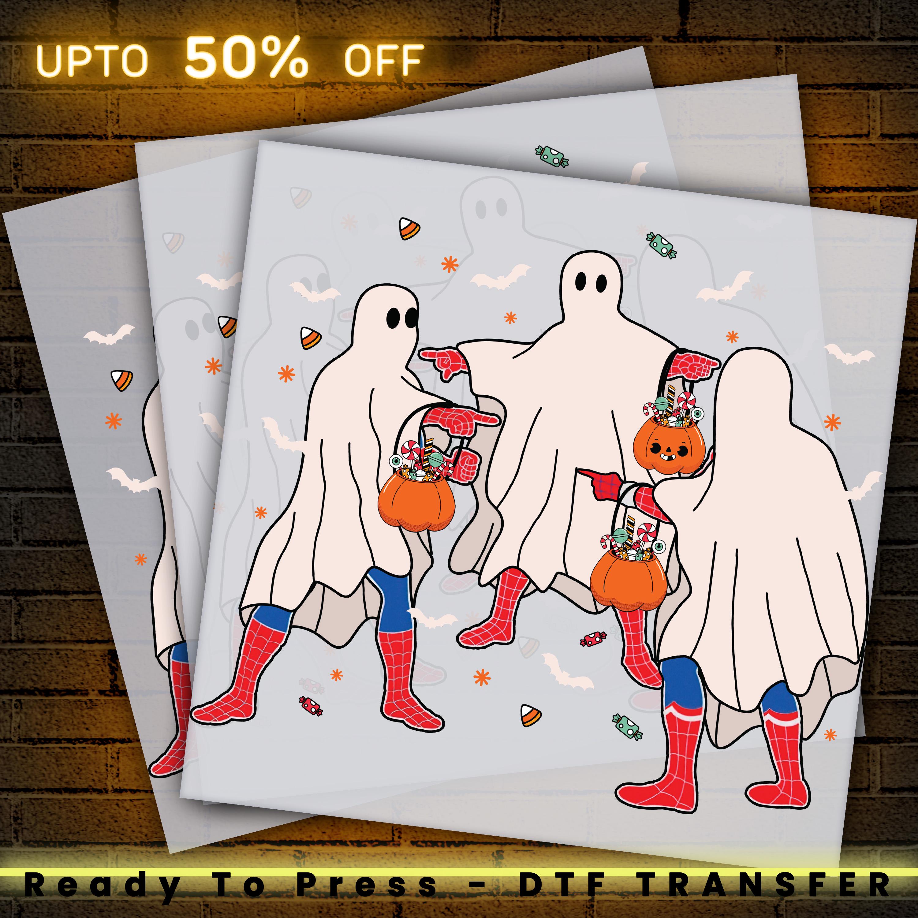 Three Ghost With Pumpkin Candy Dtf, Halloween Design, Ready To Press, Heat Press, Halloween DTF Transfer