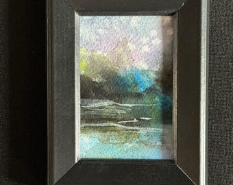 Mini paisaje de acuarela, pequeña pintura original