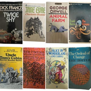 May include: A collection of vintage paperback books with colorful covers. Titles include "Twice Shy," "Jane Eyre," "Animal Farm," "The Octopus," "Uncle Tom's Cabin," "Four Comedies," "Alice in Wonderland," and "The Ordeal of Change."