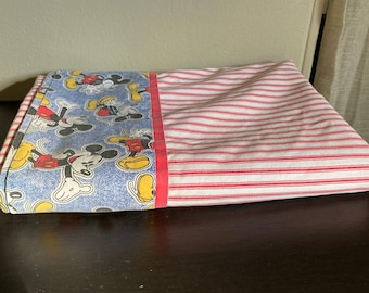Drap plat pour lit simple Mickey Mouse vintage 1990 - Coutil à rayures rouges