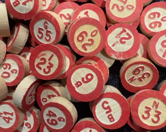 5 Vintage Bingo Numbers | Mixed Lotto Tokens | Wooden Bingo Tiles | Board Game Pieces