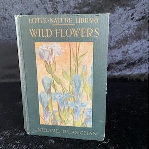 Puede incluir: Un libro antiguo titulado "Wild Flowers" de la "Little Nature Library". La portada es de color verde oscuro con letras doradas y una ilustración floral en tonos azules, blancos y beige. El nombre del autor, Neltje Blanchan, está impreso en la parte inferior.