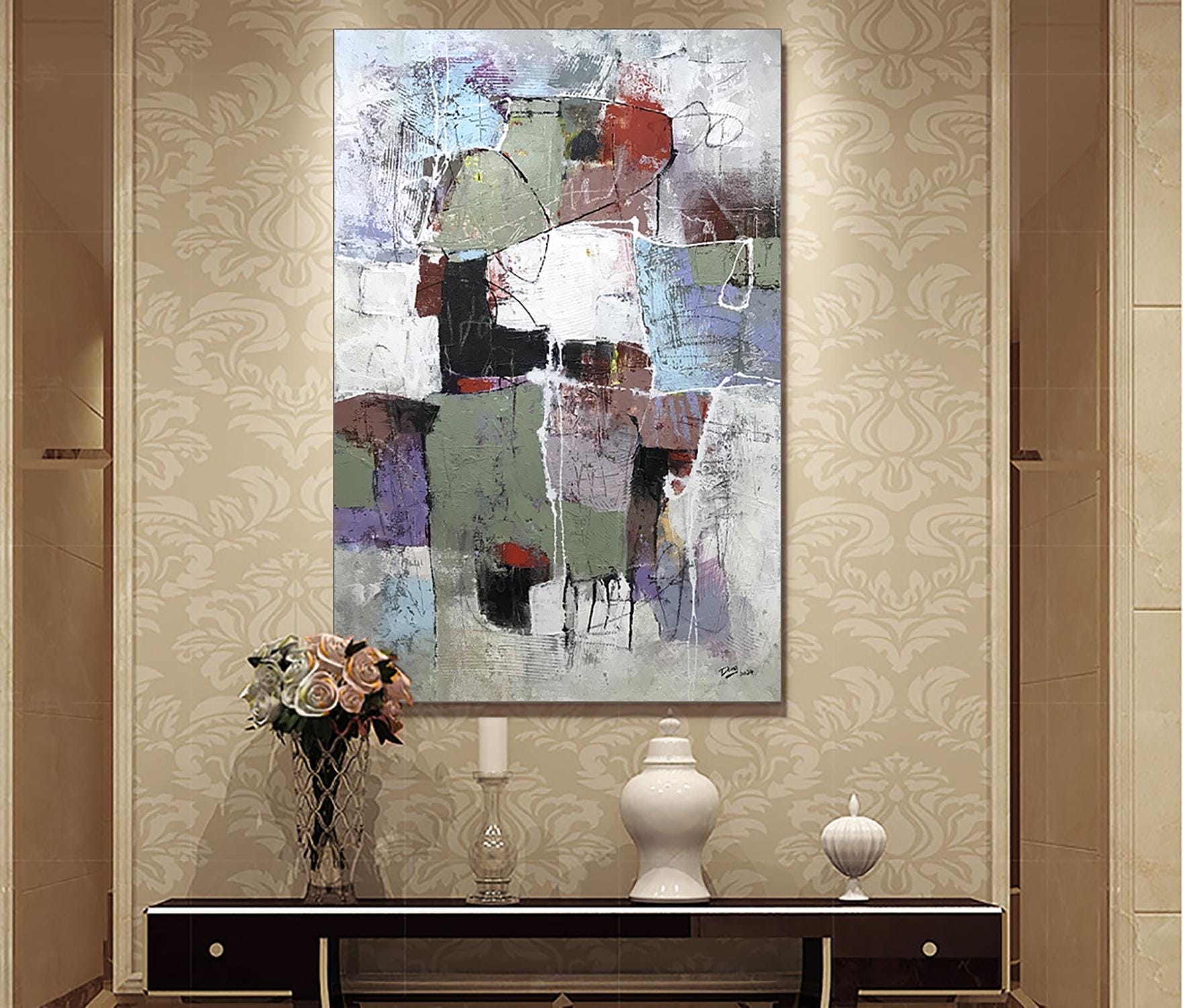 オリジナル抽象アクリル画：テクスチャード幾何学アート、24x36 - Etsy