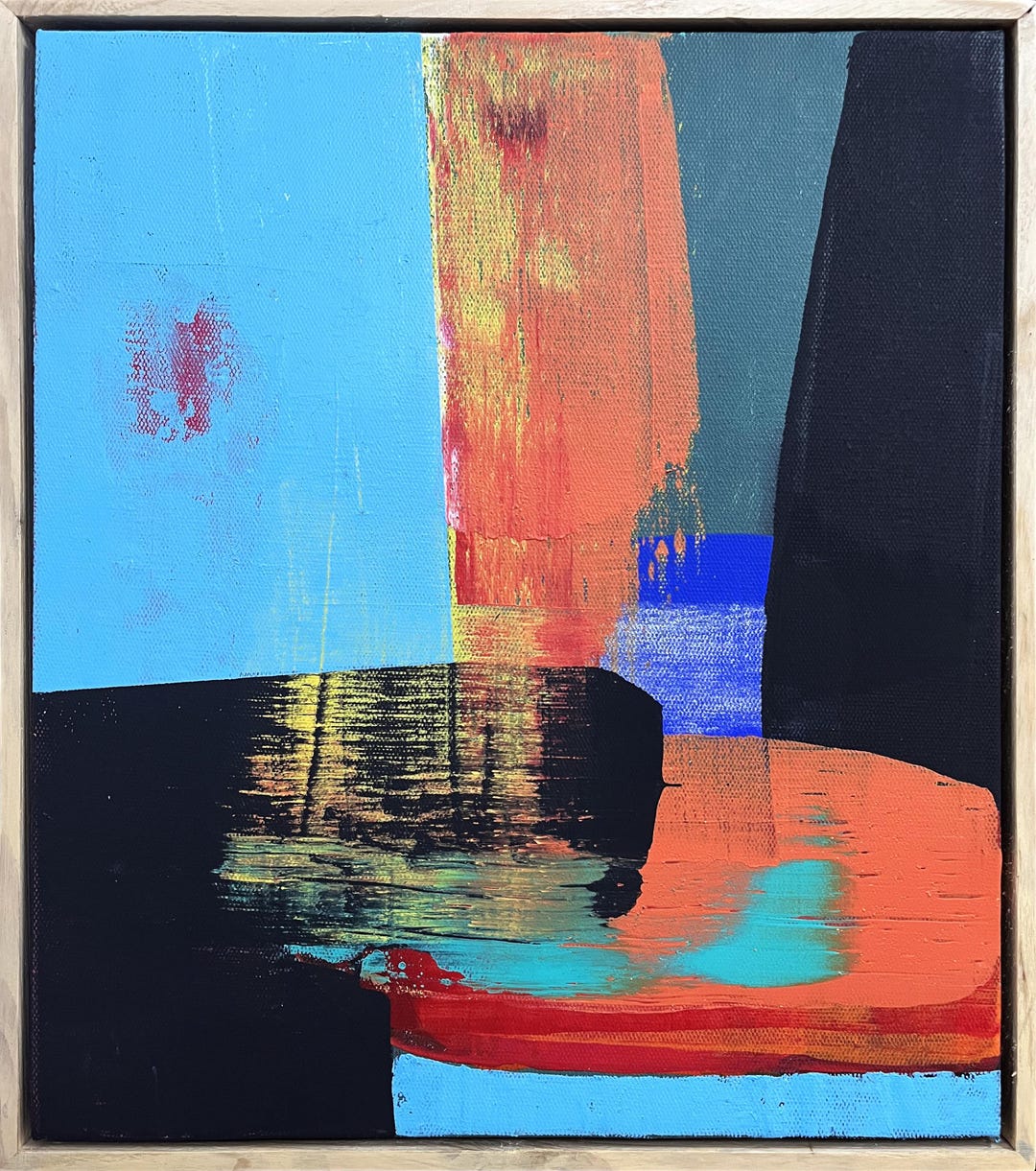 抽象アクリル画：青、オレンジ、黒 - 額入りオリジナルアート