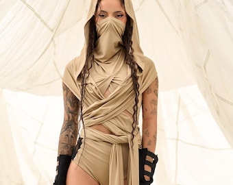 Beige Festival Scarf with Hood, Rave Outfit Accessory