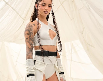 Off-White Crop Top, Biustonosz Rave, Strój Rave, Top Rave, Biały Top Rave, Top Rave, Strój Festiwalowy, Biustonosz Festiwalowy, Futurystyczny Top, GIZDA
