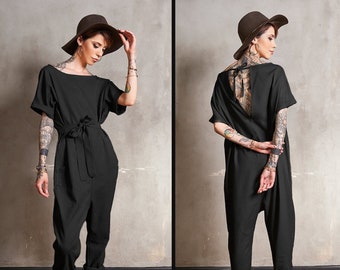 Jumpsuit Women, Festival Clothing Women, Black Jumpsuit, Linen Jumpsuit, Harem Overall, Linen Festival Jumpsuit, Minimal Clothing Women