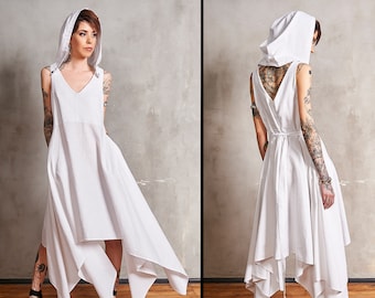 Boho Wedding Dress, Beach Wedding Dress, Linen Elfic Dress, White Dress, Asymmetrical Dress, Beach Dress, Hooded Dress, Midi Linen Dress