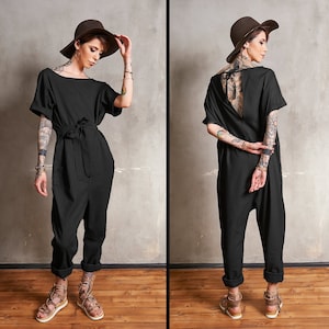 Jumpsuit Women, Festival Clothing Women, Black Jumpsuit, Linen Jumpsuit, Harem Overall, Linen Festival Jumpsuit, Minimal Clothing Women