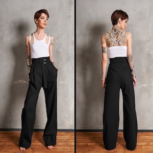 Pantalones Palazzo, Pantalones Anchos, Pantalones de Cintura Alta, Pantalones de Lino, Pantalones Rectos, Ropa de Festival, Pantalones de Salón, Pantalones de Alta Costura, Negro