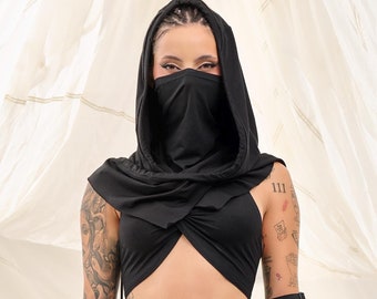 Black Hooded Festival Scarf, Rave Outfit, Burning Man Clothing