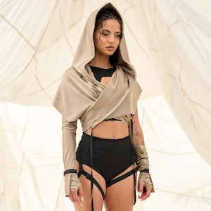 Beige Hooded Festival Scarf, Rave Outfit, Burning Man Clothing image 1