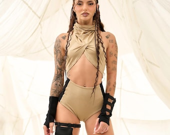 Beige Cyberpunk Rave Set, High Waisted Shorts, Festival Bralette, Viscose Elastane Blend