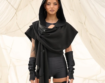 Hooded Scarf Vest, Festival Rave Outfit, Burning Man Clothing