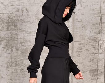 Deconstructed Hooded Top, Cut Out Sweatshirt, Pocket Hoodie