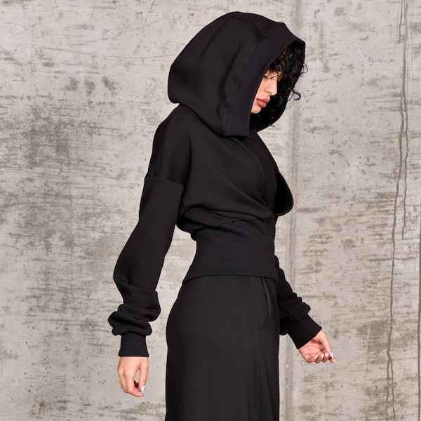 Black Cropped Hoodie, Oversized Hood, Gothic Cotton Top