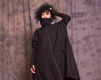 Oversized Black Wool Coat, High Collar, Plus Size Winter Coat