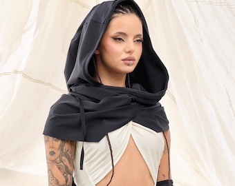 Black Hooded Festival Scarf, Rave Burning Man Outfit