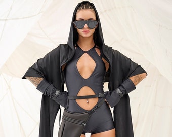 Black Hooded Festival Scarf, Rave Outfit, Burning Man Clothing